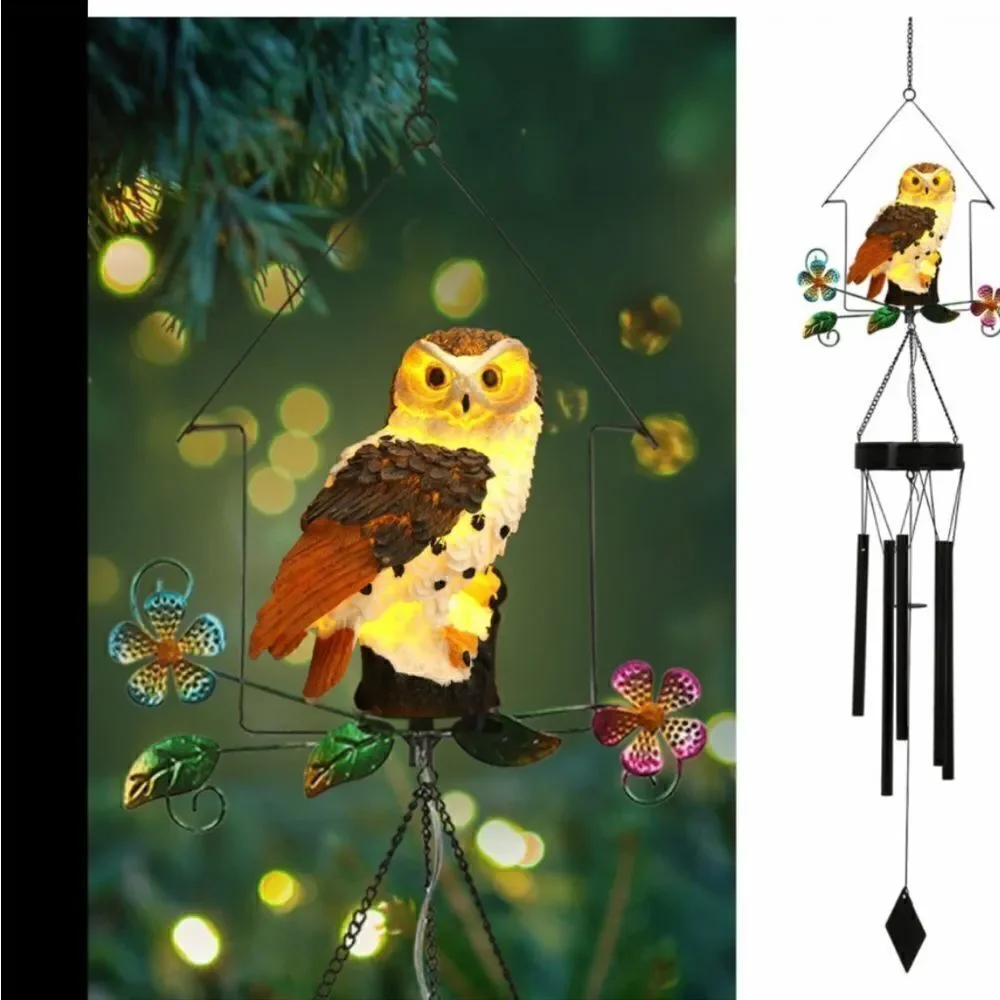 Solar OWL Wind-chimes. Outdoor decor solar powered lights up at night.